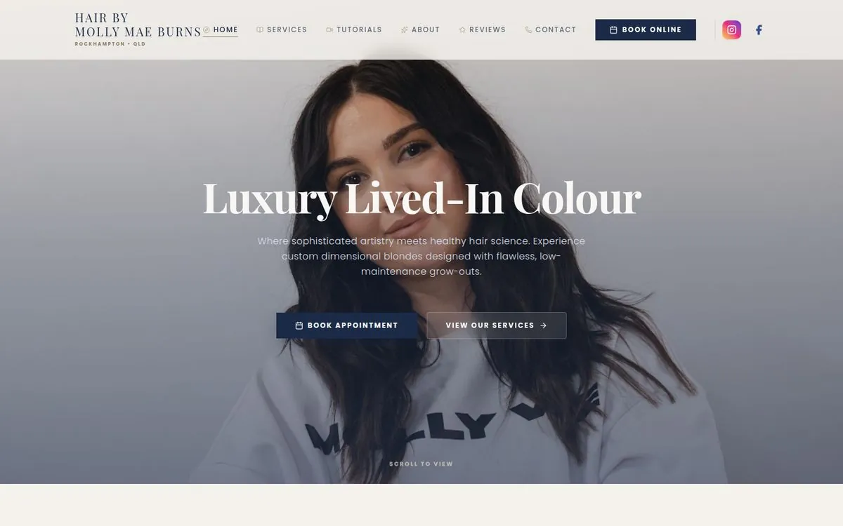 Desktop view of the Hair by Molly Mae Burns website